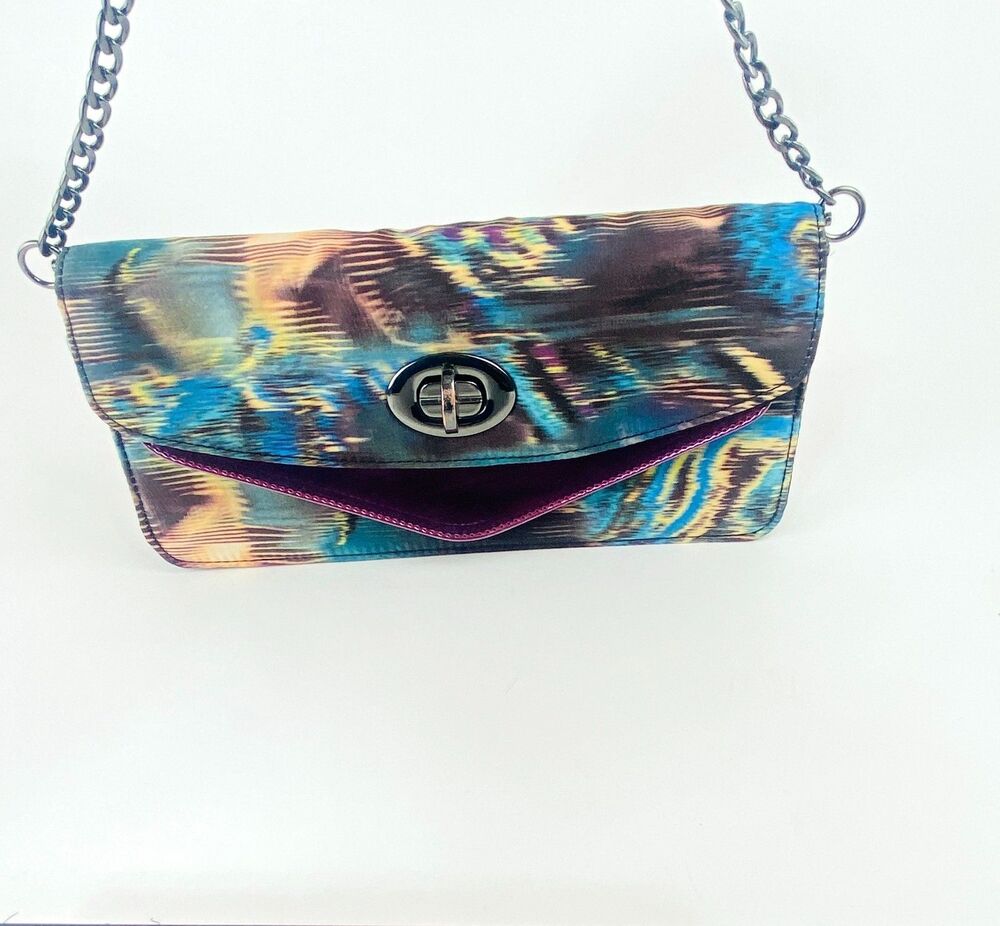 ALDO Multicolor Satin Exterior Chain Clutch Evening Bag Purse Gunmetal Chain - Picture 5 of 16
